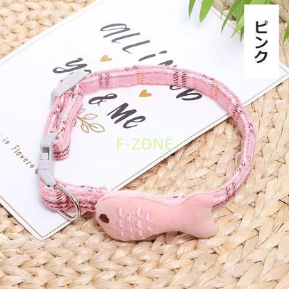 おしゃれ ワンタッチバックル 犬用 小魚 カラー 鈴付き お散歩 小型犬 猫用 首輪 ペット用品 チェック柄 お出かけ かわいい