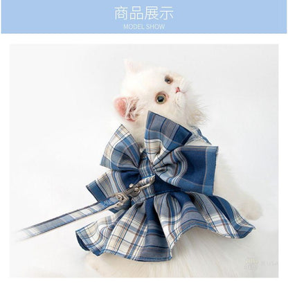 新商品プロモーション，数量限定 犬猫用胸当て＆ハーネス＆リードセット ペット胸当てリード 犬猫用品 ペットグッズ 犬猫リード 胴輪 引きひも チェック柄JK制服 通気性 抜け犬猫用胸当て＆ハーネス