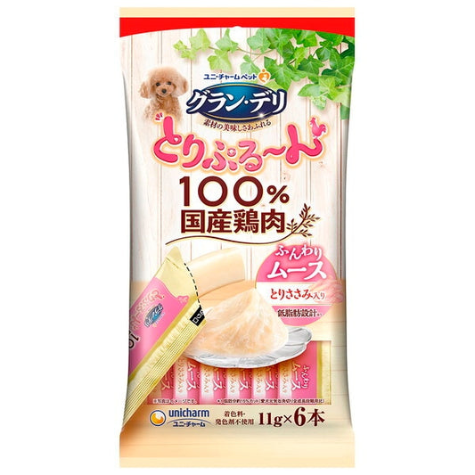 <a href="https://www.qoo10.jp/gmkt.inc/Search/brand.aspx?brandno=18151" target="_blank" class="title_brand" id="btn_brand" title="ユニ・チャーム">ユニ・チャーム</a>グランデリ とりぷるん ふんわりムース とりささみ入り 11g6本
