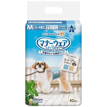 <a href="https://www.qoo10.jp/gmkt.inc/Search/brand.aspx?brandno=124379" target="_blank" class="title_brand" id="btn_brand" title="マナーウェア">マナーウェア</a>ユニチャーム マナーウェア 男の子用 M モカストライプライトブルージーンズ 42枚 小型犬用 中型犬用 犬用おむつ マナーおむつ ペット用 ユニチャーム