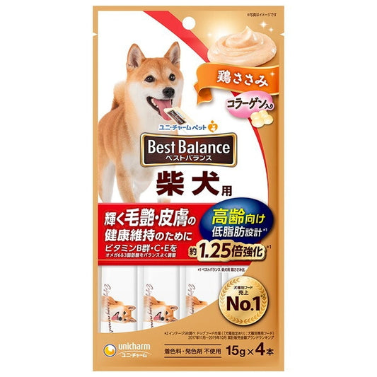 <a href="https://www.qoo10.jp/gmkt.inc/Search/brand.aspx?brandno=18151" target="_blank" class="title_brand" id="btn_brand" title="ユニ・チャーム">ユニ・チャーム</a>ベストバランスおやつ 柴犬用 高齢向け 鶏ささみ 15g4本
