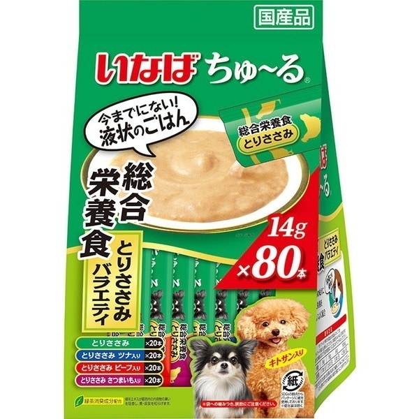 <a href="https://www.qoo10.jp/gmkt.inc/Search/brand.aspx?brandno=77771" target="_blank" class="title_brand" id="btn_brand" title="いなばペットフード">いなばペットフード</a>いなば ちゅ～る 80本 総合栄養食 とりささみバラエティ