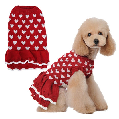 人気 可愛い ペット服 秋冬暖かいレッドピンクハート犬の服セータースカート休日クリスマス新年ペット服