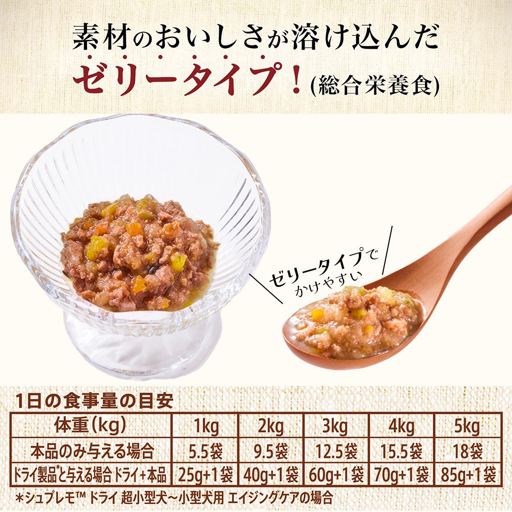 <a href="https://www.qoo10.jp/gmkt.inc/Search/brand.aspx?brandno=56208" target="_blank" class="title_brand" id="btn_brand" title="シュプレモ">シュプレモ</a>ニュートロ　シニア犬用　ミニパウチ　３５ｇX４８袋　お一人様２点限り　ＣＲＣ45―02―53―10―00