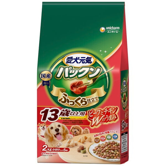 <a href="https://www.qoo10.jp/gmkt.inc/Search/brand.aspx?brandno=18151" target="_blank" class="title_brand" id="btn_brand" title="ユニ・チャーム">ユニ・チャーム</a>愛犬元気 パックン 13歳以上用ビーフささみ緑黄色野菜小魚入り 2.0kg