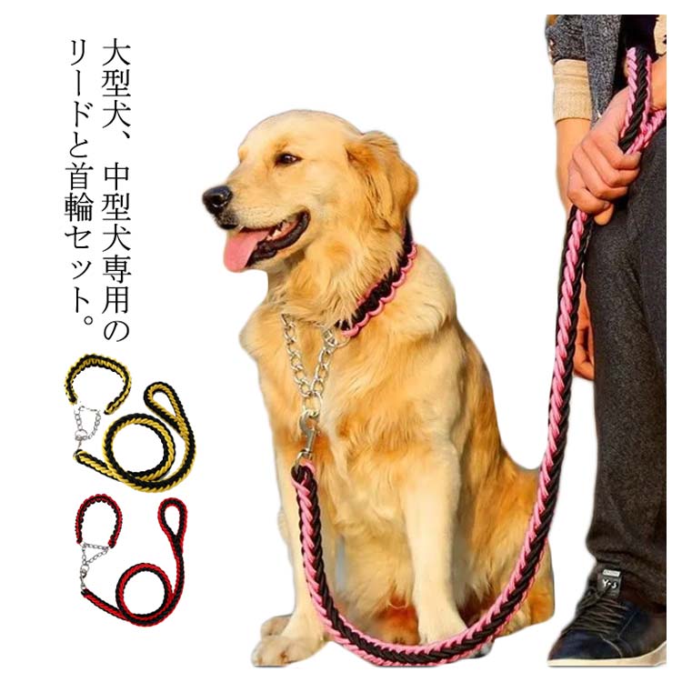 リード 首輪 2点セット 犬 首輪セット リードセット 小型犬 中型犬 大型犬 太く 頑丈 犬用リード 散歩 お出かけ しつけ ペット 極太 編み紐 噛み癖 防止 ドッググッズ ペット用 お
