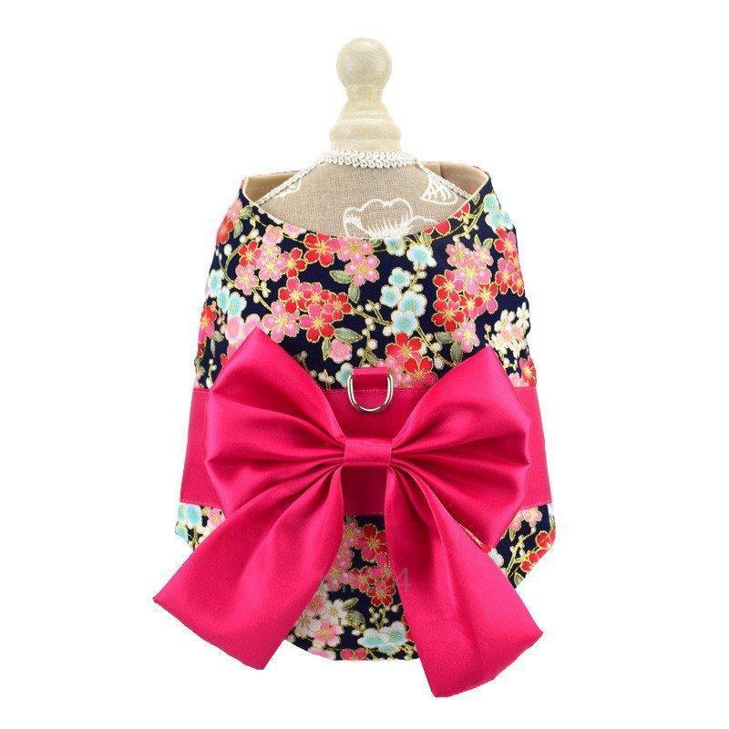 ドッグウェア 犬服 リード付き 着物風 和服風 和風 花柄 桜 薔薇 蝶 チョウ リボン帯 レトロ