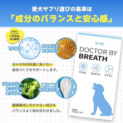 <a href="https://www.qoo10.jp/gmkt.inc/Search/brand.aspx?brandno=120824" target="_blank" class="title_brand" id="btn_brand" title="ドクターバイ">ドクターバイ</a>[公式]ブレス犬気管支サプリメント咳風邪気管虚脱カッカッ免疫力日本特許成分「TF-343」30本 (240g)