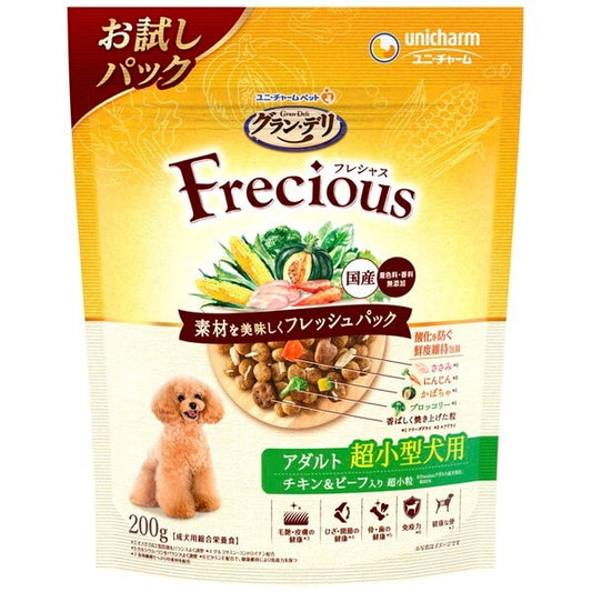 <a href="https://www.qoo10.jp/gmkt.inc/Search/brand.aspx?brandno=18151" target="_blank" class="title_brand" id="btn_brand" title="ユニ・チャーム">ユニ・チャーム</a>グランデリ フレシャス アダルト成犬用 超小型犬用 チキン&ビーフ入り 200g