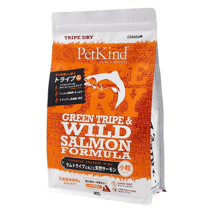 <a href="https://www.qoo10.jp/gmkt.inc/Search/brand.aspx?brandno=120567" target="_blank" class="title_brand" id="btn_brand" title="PetKind">PetKind</a>【人気商品】ドッグフード 犬 フード グリーントライプ＆ワイルドサーモン 小粒907g ペットカインド (B)