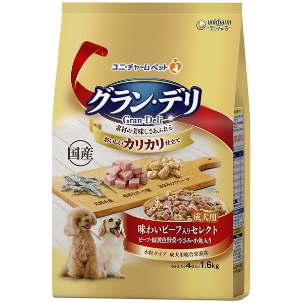 <a href="https://www.qoo10.jp/gmkt.inc/Search/brand.aspx?brandno=18151" target="_blank" class="title_brand" id="btn_brand" title="ユニ・チャーム">ユニ・チャーム</a>グランデリ カリカリ仕立て 成犬用 味わいビーフ入り セレクト 1.6kg
