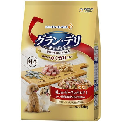 <a href="https://www.qoo10.jp/gmkt.inc/Search/brand.aspx?brandno=18151" target="_blank" class="title_brand" id="btn_brand" title="ユニ・チャーム">ユニ・チャーム</a>グランデリ カリカリ仕立て 成犬用 味わいビーフ入り セレクト 1.6kg