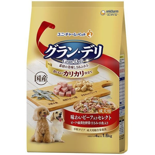 <a href="https://www.qoo10.jp/gmkt.inc/Search/brand.aspx?brandno=18151" target="_blank" class="title_brand" id="btn_brand" title="ユニ・チャーム">ユニ・チャーム</a>グランデリ カリカリ仕立て 成犬用 味わいビーフ入り セレクト 1.6kg