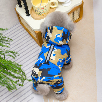 人気犬の服 ペットの服 小型犬や猫は秋と冬の暖かく快適なプルバックル迷彩四本足の綿のジャケットを着用することができます