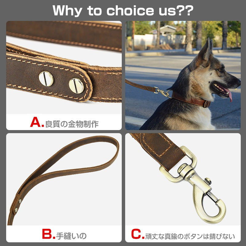 本革子犬リード手作り第一層両面牛革犬バックルポータブルペット犬のリード犬 リード 本革 肩掛けリード ショルダーリード おすすめ 多機能リード ハンズフリー 犬 リード2cm*113.5cm 長い