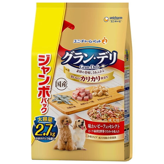 <a href="https://www.qoo10.jp/gmkt.inc/Search/brand.aspx?brandno=18151" target="_blank" class="title_brand" id="btn_brand" title="ユニ・チャーム">ユニ・チャーム</a>グランデリ カリカリ仕立て 成犬味わいビーフ入りセレクトビーフ緑黄色野菜ささみ小魚入り ジャンボパック 2.7kg