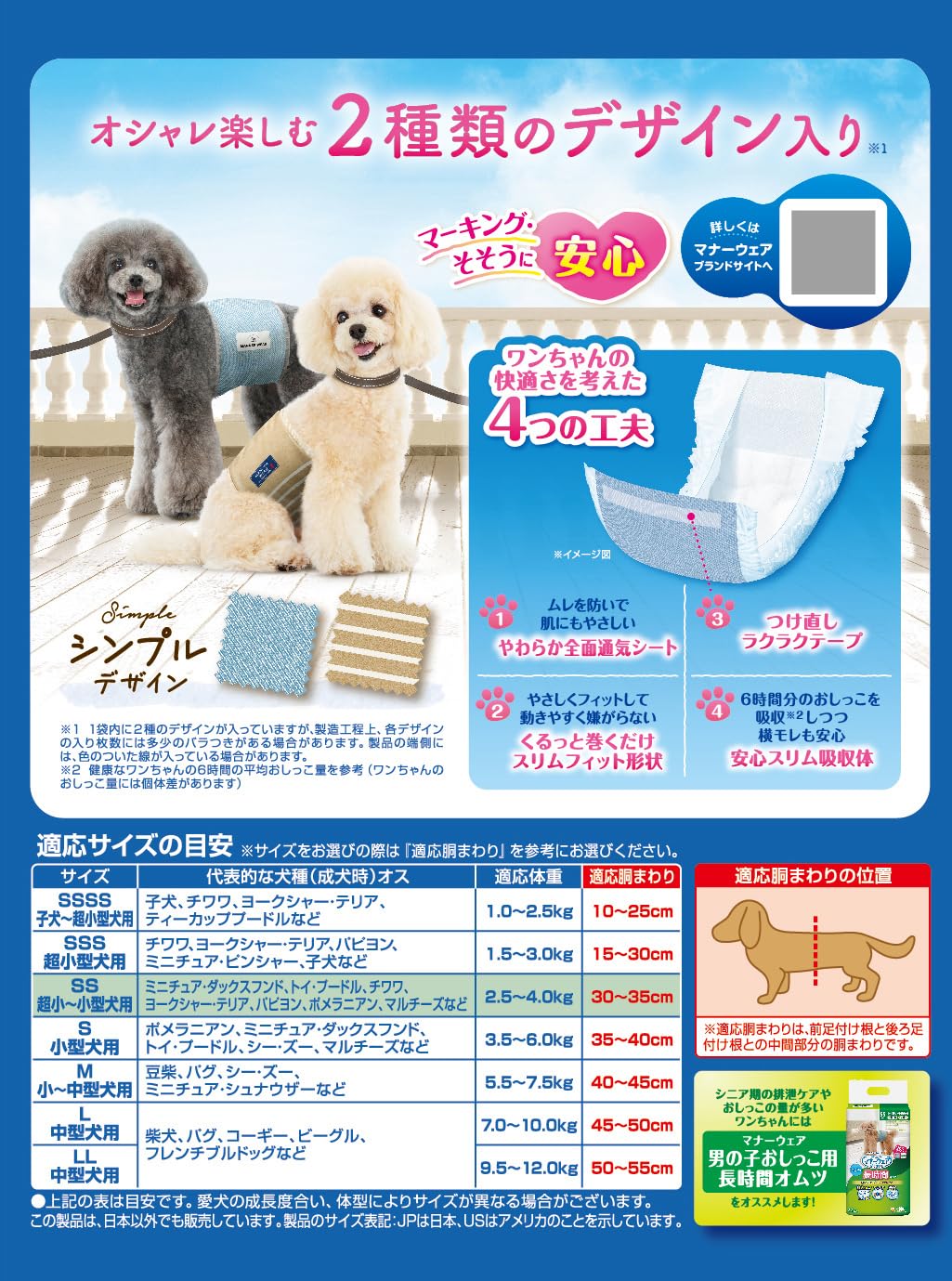 <a href="https://www.qoo10.jp/gmkt.inc/Search/brand.aspx?brandno=124379" target="_blank" class="title_brand" id="btn_brand" title="マナーウェア">マナーウェア</a>ユニ・チャーム 【セット販売】マナーウェア 男の子用 超小～小型犬用 SSサイズ 迷彩・デニム 48枚×2コ