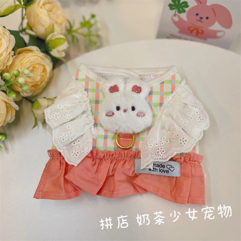 メガ割かわいいウサギ猫胸ストラップカラー格子犬牽引ロープ少女心ペット外出ロープ