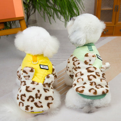 人気犬の服ペットの服小型犬猫は秋と冬に着用することができます暖かく快適ヒョウ柄パッチワーク二本足コットンコート