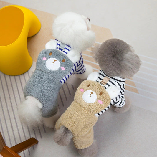 人気犬の服ペットの服小型犬や猫は秋と冬に着用することができます暖かく快適なストライプ刺繍クマ四本足の綿のコート