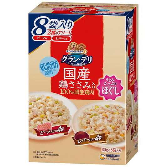 <a href="https://www.qoo10.jp/gmkt.inc/Search/brand.aspx?brandno=18151" target="_blank" class="title_brand" id="btn_brand" title="ユニ・チャーム">ユニ・チャーム</a>グランデリ 国産鶏ささみパウチ ほぐし 成犬用8袋パック ビーフ入り&レバー入り 80g8袋