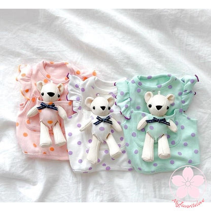 新入庫 犬服　ペット服　猫服　犬用洋服ドッグウェア猫服 ドット柄春夏秋冬使える可愛いお熊さん付き取り外せるおもちゃとしても使える