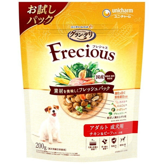 <a href="https://www.qoo10.jp/gmkt.inc/Search/brand.aspx?brandno=18151" target="_blank" class="title_brand" id="btn_brand" title="ユニ・チャーム">ユニ・チャーム</a>グランデリ フレシャス アダルト成犬用 チキン&ビーフ入り 200g
