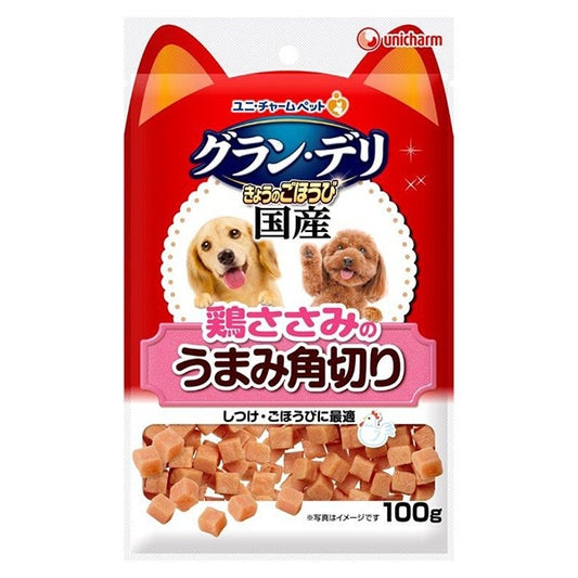 <a href="https://www.qoo10.jp/gmkt.inc/Search/brand.aspx?brandno=18151" target="_blank" class="title_brand" id="btn_brand" title="ユニ・チャーム">ユニ・チャーム</a>グランデリ きょうのごほうび 鶏ささみのうまみ角切り 100g