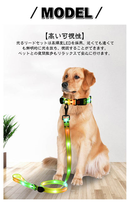 【送料無料】犬 リードセット 光る ペット用 首輪 リード LED光るリード 光る首輪 光るリード　USB充電式 サイズ調整可能 リード長さ120cm 夜間散歩 柔らかい 無臭 夜散歩ライト 軽量 対