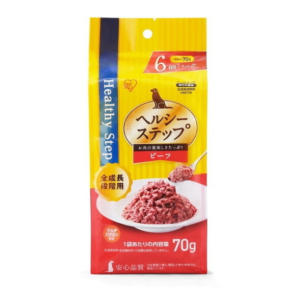 <a href="https://www.qoo10.jp/gmkt.inc/Search/brand.aspx?brandno=49458" target="_blank" class="title_brand" id="btn_brand" title="アイリスオーヤマ">アイリスオーヤマ</a>HRB706 ヘルシーステップレトルト ドッグフード (ビーフ 70g×6P 全成長段階用)