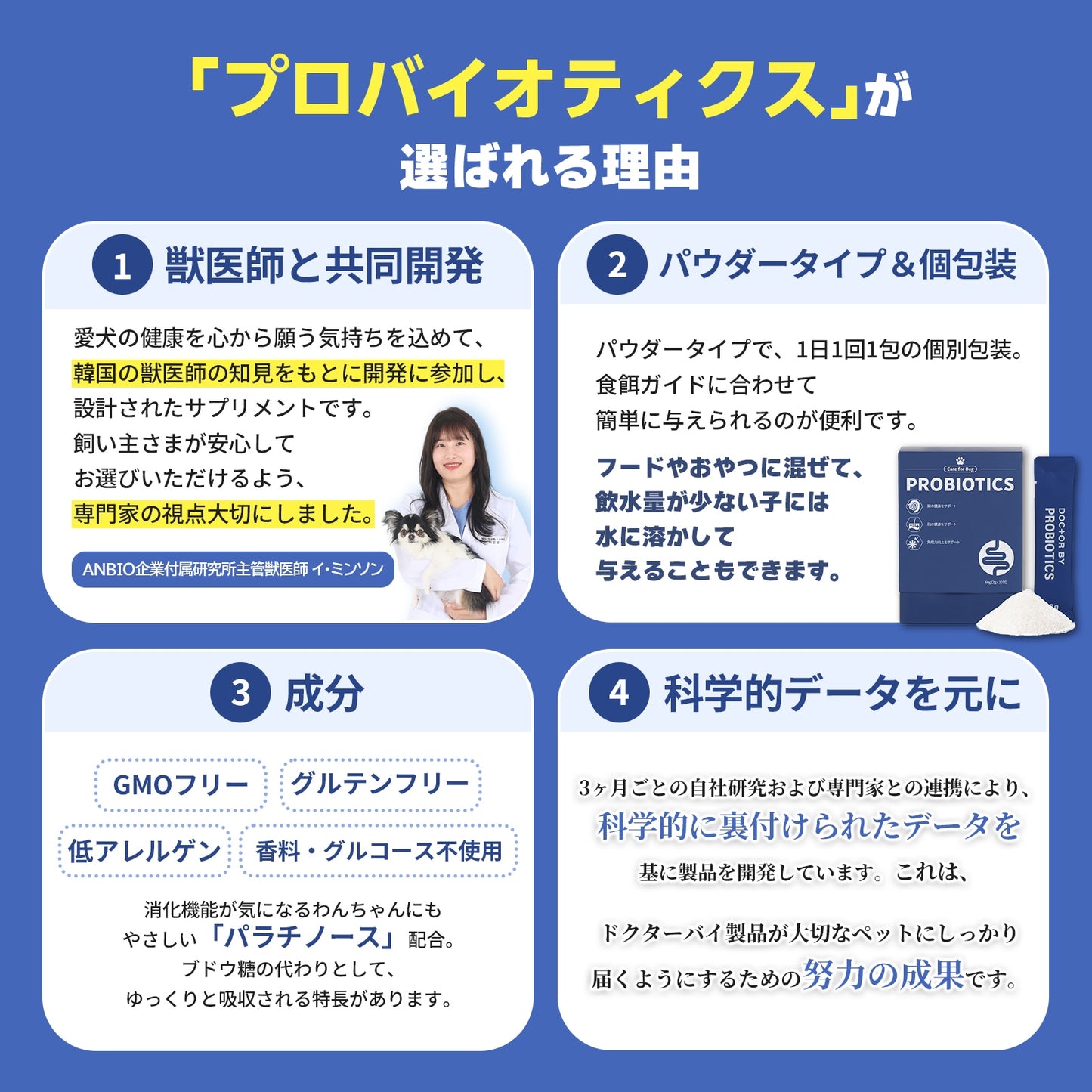 <a href="https://www.qoo10.jp/gmkt.inc/Search/brand.aspx?brandno=120824" target="_blank" class="title_brand" id="btn_brand" title="ドクターバイ">ドクターバイ</a>[公式]犬プロバイオティクス犬乳酸菌サプリメント下痢止め便秘解消整腸剤下痢 30本(60g)