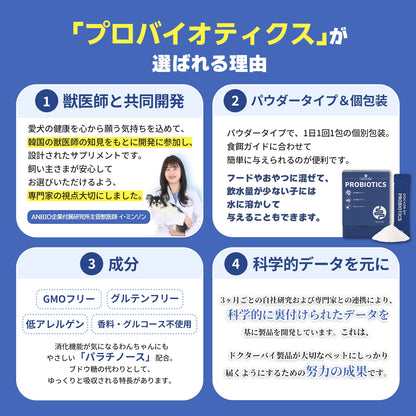 <a href="https://www.qoo10.jp/gmkt.inc/Search/brand.aspx?brandno=120824" target="_blank" class="title_brand" id="btn_brand" title="ドクターバイ">ドクターバイ</a>[公式]犬プロバイオティクス犬乳酸菌サプリメント下痢止め便秘解消整腸剤下痢 30本(60g)