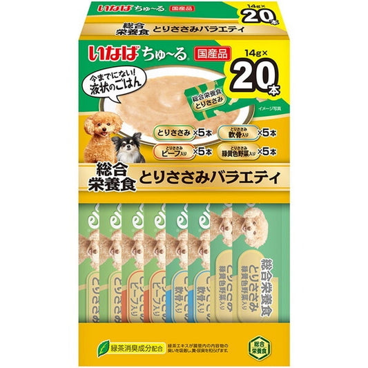 <a href="https://www.qoo10.jp/gmkt.inc/Search/brand.aspx?brandno=77771" target="_blank" class="title_brand" id="btn_brand" title="いなばペットフード">いなばペットフード</a>ちゅ～る 総合栄養食 20本入り(BOX)とりささみバラエティ