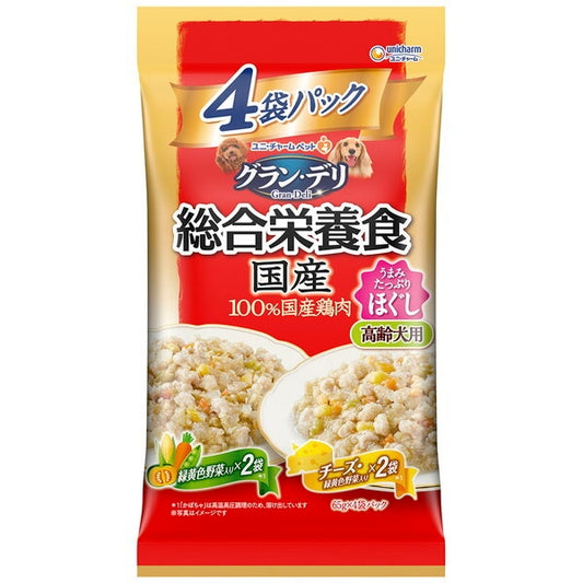 <a href="https://www.qoo10.jp/gmkt.inc/Search/brand.aspx?brandno=18151" target="_blank" class="title_brand" id="btn_brand" title="ユニ・チャーム">ユニ・チャーム</a>グランデリ 総合栄養食国産パウチ ほぐし高齢犬用野菜チーズ 65g4袋