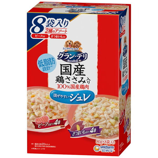 <a href="https://www.qoo10.jp/gmkt.inc/Search/brand.aspx?brandno=18151" target="_blank" class="title_brand" id="btn_brand" title="ユニ・チャーム">ユニ・チャーム</a>グランデリ 国産鶏ささみパウチ ジュレ 成犬用8袋パック ビーフ入り&さつまいも入り 80g8袋