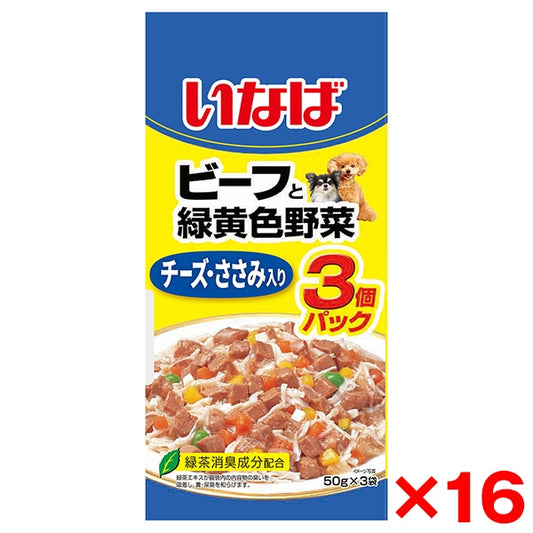 <a href="https://www.qoo10.jp/gmkt.inc/Search/brand.aspx?brandno=77771" target="_blank" class="title_brand" id="btn_brand" title="いなばペットフード">いなばペットフード</a>16個セット いなば ビーフと緑黄色野菜 チーズ・ささみ入り 50g×3袋