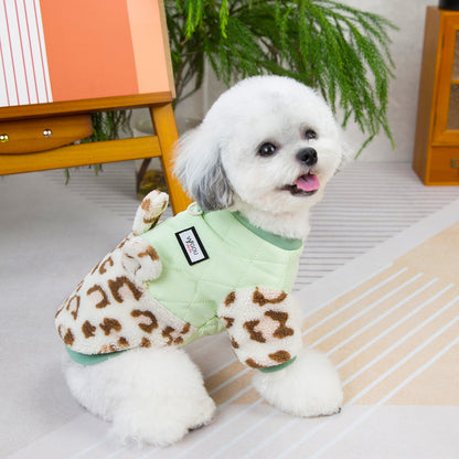 人気犬の服ペットの服小型犬猫は秋と冬に着用することができます暖かく快適ヒョウ柄パッチワーク二本足コットンコート