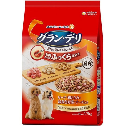 <a href="https://www.qoo10.jp/gmkt.inc/Search/brand.aspx?brandno=18151" target="_blank" class="title_brand" id="btn_brand" title="ユニ・チャーム">ユニ・チャーム</a>グランデリ ふっくら仕立て ビーフ鶏ささみ緑黄色野菜チーズ角切りビーフ粒入り 1.7kg