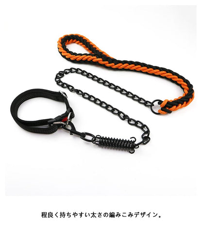 【首輪＋引きひも 2点セット】 犬 首輪 リード チェーン ゴツイ リードフック 防噛み 噛み切れない 超大型犬 大型犬 中型犬 小型犬 ばね 鎖 犬用 チェーンリード ブラックチェーン おしゃれ か
