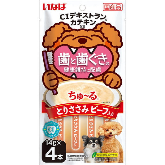 <a href="https://www.qoo10.jp/gmkt.inc/Search/brand.aspx?brandno=77771" target="_blank" class="title_brand" id="btn_brand" title="いなばペットフード">いなばペットフード</a>ちゅ～る 歯と歯ぐきの健康維持に配慮 とりささみ ビーフ入り 14g4本