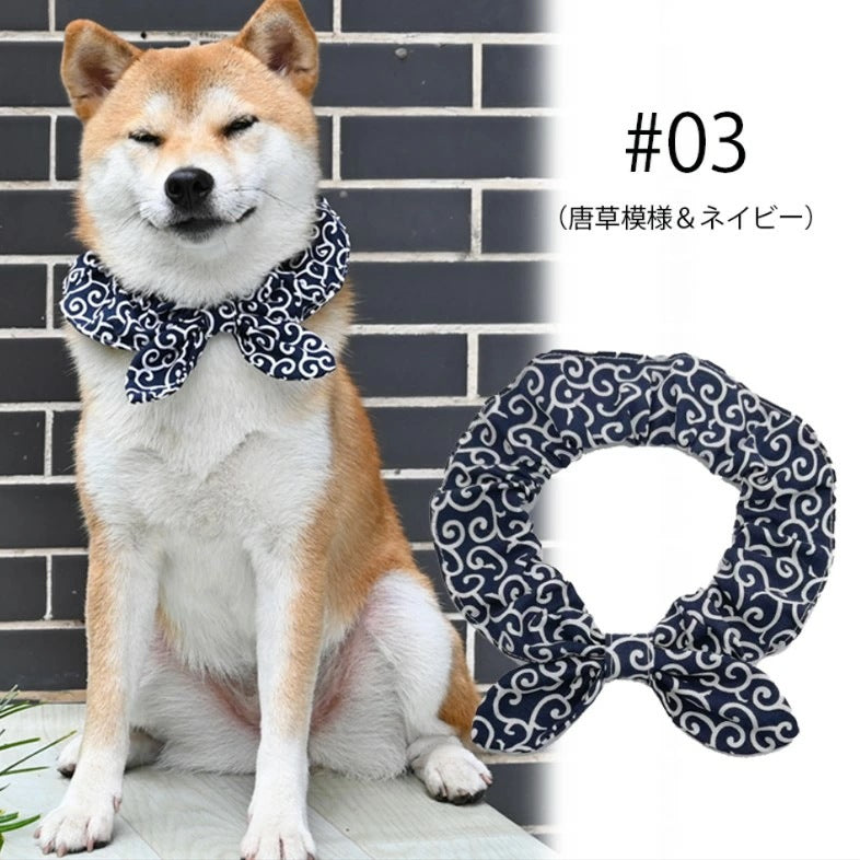 人気商品 ペットグッズ 犬 唐草模様 アクセサリー リボン風 首に通すだけの手軽しゃれ！犬猫兼用 スカーフ 首輪 犬用 猫用 小型犬 中型犬 和柄 ネック バンダナ 風呂敷首巻 かわいい ペットグッズ