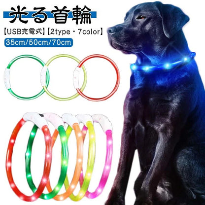 犬 光る首輪 首輪 光る 35cm 50cm 70cm カット自由 7色 小型犬 中型犬 大型犬 散歩 夜 LED ライト レインボー USB 充電式 ペット 猫 防水 事故防止 キラキラ 安全 犬の