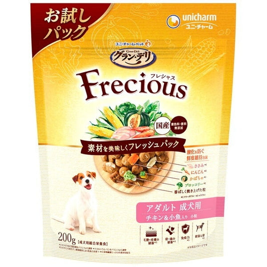 <a href="https://www.qoo10.jp/gmkt.inc/Search/brand.aspx?brandno=18151" target="_blank" class="title_brand" id="btn_brand" title="ユニ・チャーム">ユニ・チャーム</a>グランデリ フレシャス アダルト成犬用 チキン&小魚入り 200g