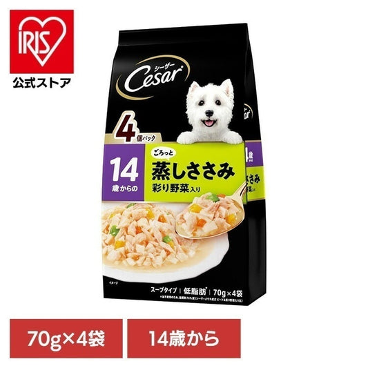 <a href="https://www.qoo10.jp/gmkt.inc/Search/brand.aspx?brandno=129137" target="_blank" class="title_brand" id="btn_brand" title="MARTH">MARTH</a>ドッグフード Cesar シーザー 14歳からの ふっくら蒸しささみ 彩り野菜入り 70g×4袋 CPM12 マースジャパンリミテッド