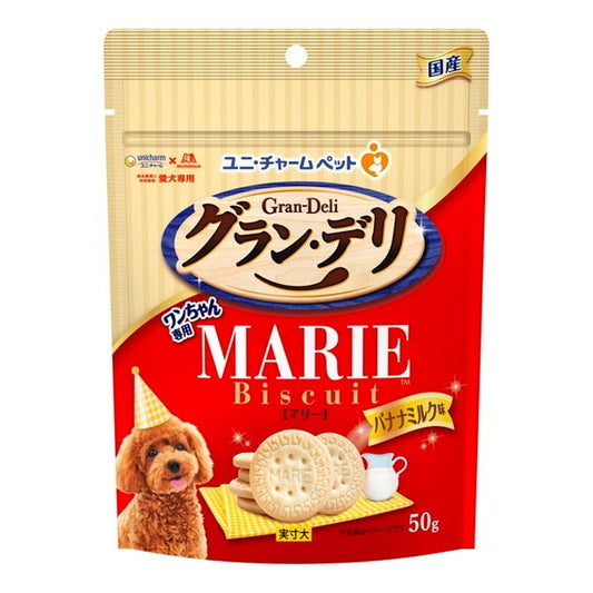 <a href="https://www.qoo10.jp/gmkt.inc/Search/brand.aspx?brandno=18151" target="_blank" class="title_brand" id="btn_brand" title="ユニ・チャーム">ユニ・チャーム</a>グランデリ ワンちゃん専用マリービスケット バナナミルク味50g