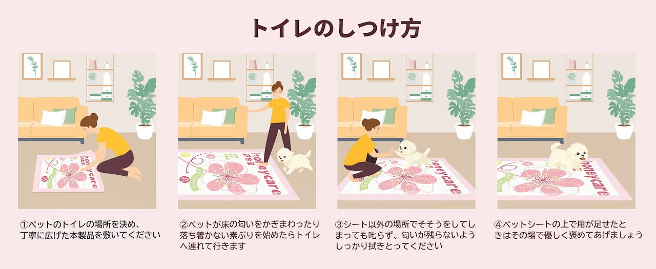 <a href="https://www.qoo10.jp/gmkt.inc/Search/brand.aspx?brandno=109151" target="_blank" class="title_brand" id="btn_brand" title="Honeycare">Honeycare</a>ペットシーツ 厚型 二種類花柄付き レギュラー 264枚（88枚×3袋） ワイド 132枚（44枚×3袋）トイレシーツ まとめ買い ペット用 ペットシート トイレシート おしっこシート 犬 猫用