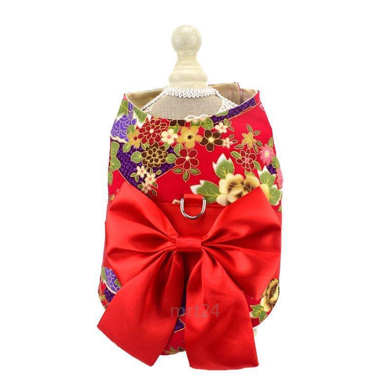 ドッグウェア 犬服 リード付き 着物風 和服風 和風 花柄 桜 薔薇 蝶 チョウ リボン帯 レトロ