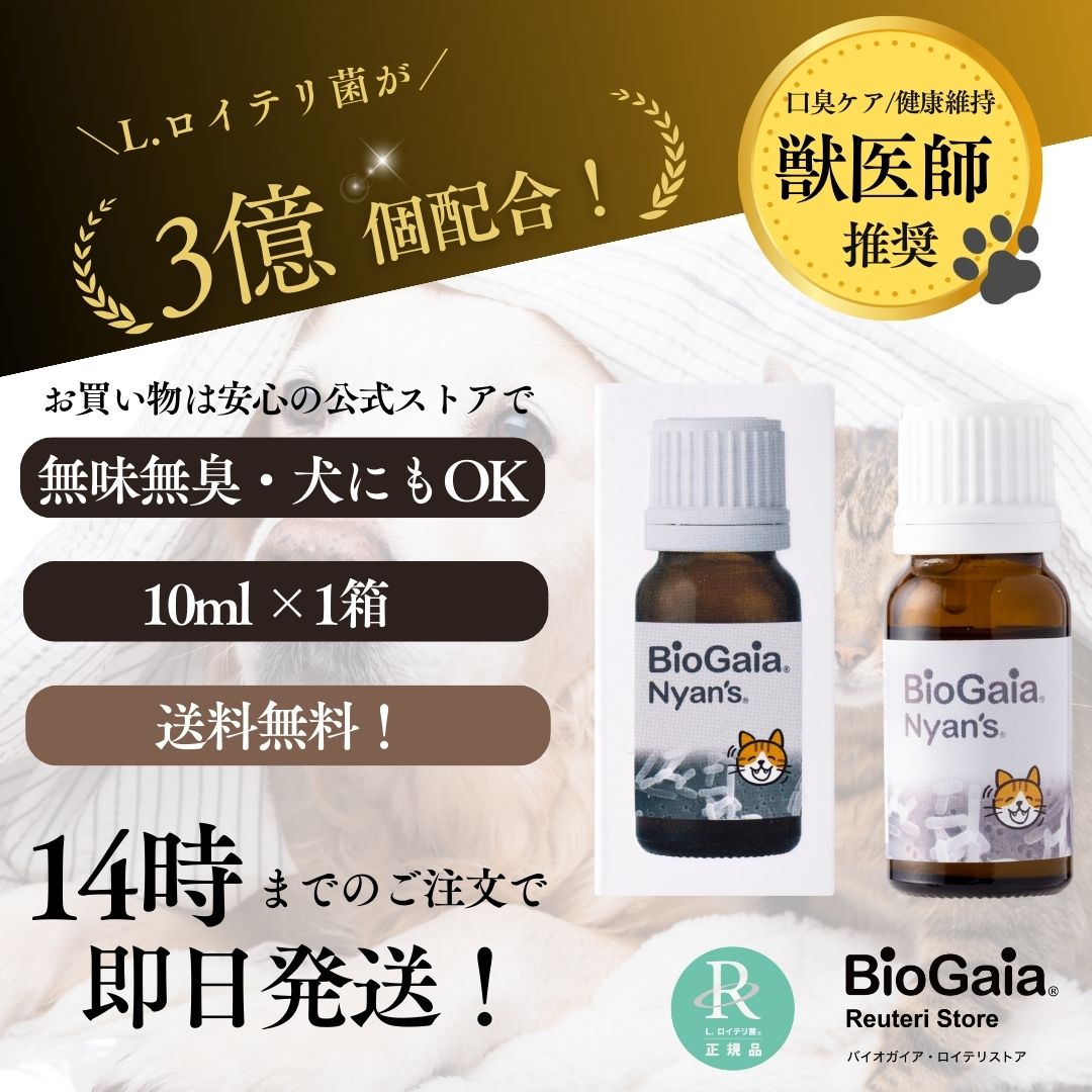 <a href="https://www.qoo10.jp/gmkt.inc/Search/brand.aspx?brandno=112140" target="_blank" class="title_brand" id="btn_brand" title="BioGaia">BioGaia</a>【公式ストア 即日発送】ニャンズ Nyans 10ml（猫用 犬にも使用可）無味無臭 リキッド サプリメント 口臭 便秘