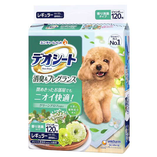 <a href="https://www.qoo10.jp/gmkt.inc/Search/brand.aspx?brandno=18151" target="_blank" class="title_brand" id="btn_brand" title="ユニ・チャーム">ユニ・チャーム</a>デオシート 消臭＆フレグランス グリーンアロマの香り レギュラー 120枚 犬用 ペット用品