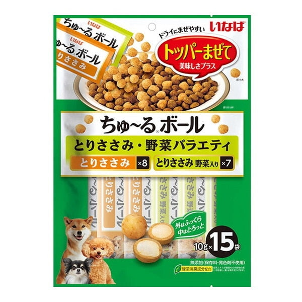 <a href="https://www.qoo10.jp/gmkt.inc/Search/brand.aspx?brandno=77771" target="_blank" class="title_brand" id="btn_brand" title="いなばペットフード">いなばペットフード</a>ちゅ～るボール 15袋入り とりささみ・野菜バラエティ